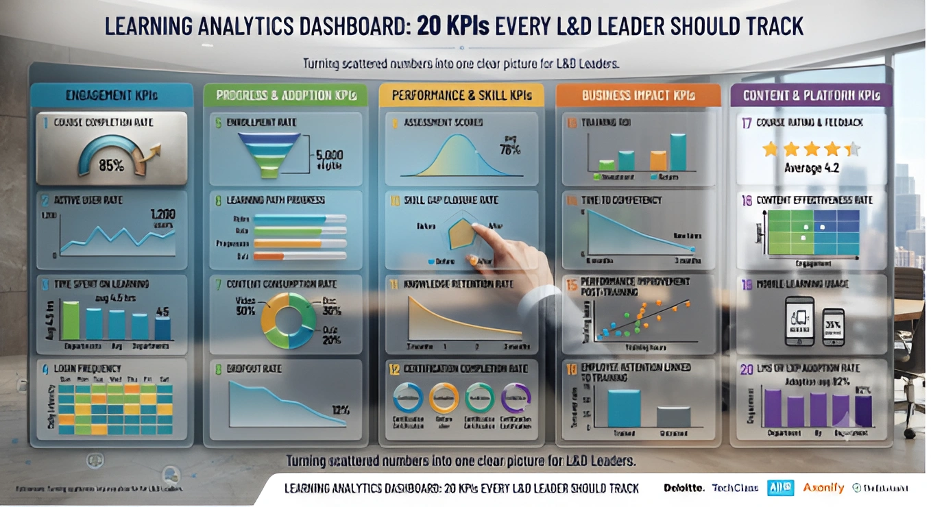 Learning analytics dashboard displaying employee training KPIs