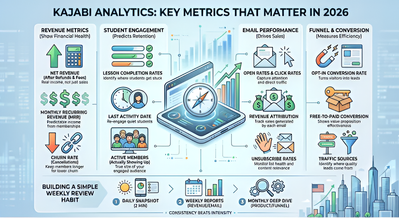 Kajabi analytics dashboard for tracking online course performance