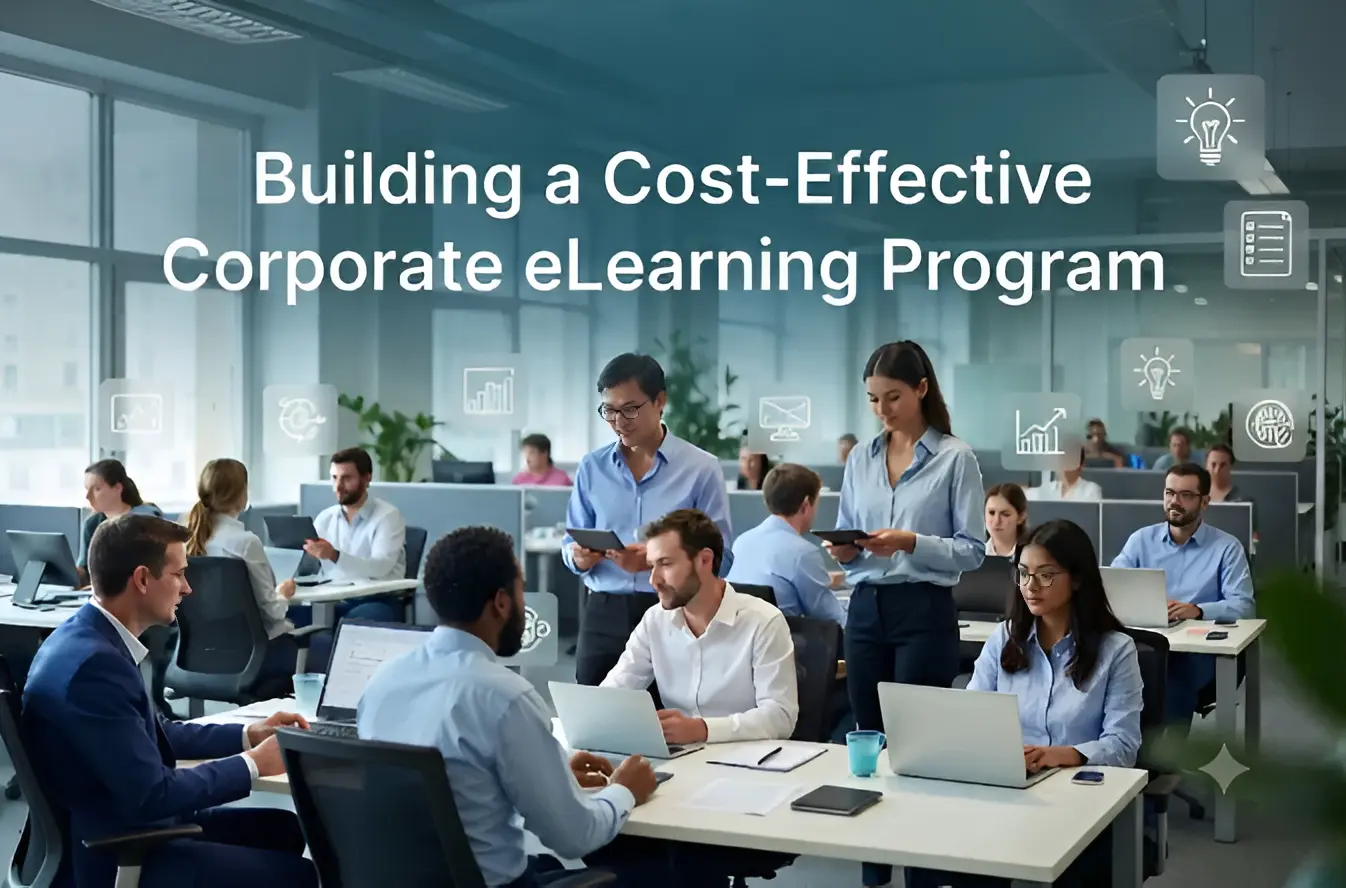 Employees collaborating in an office, illustrating a cost-effective corporate eLearning program