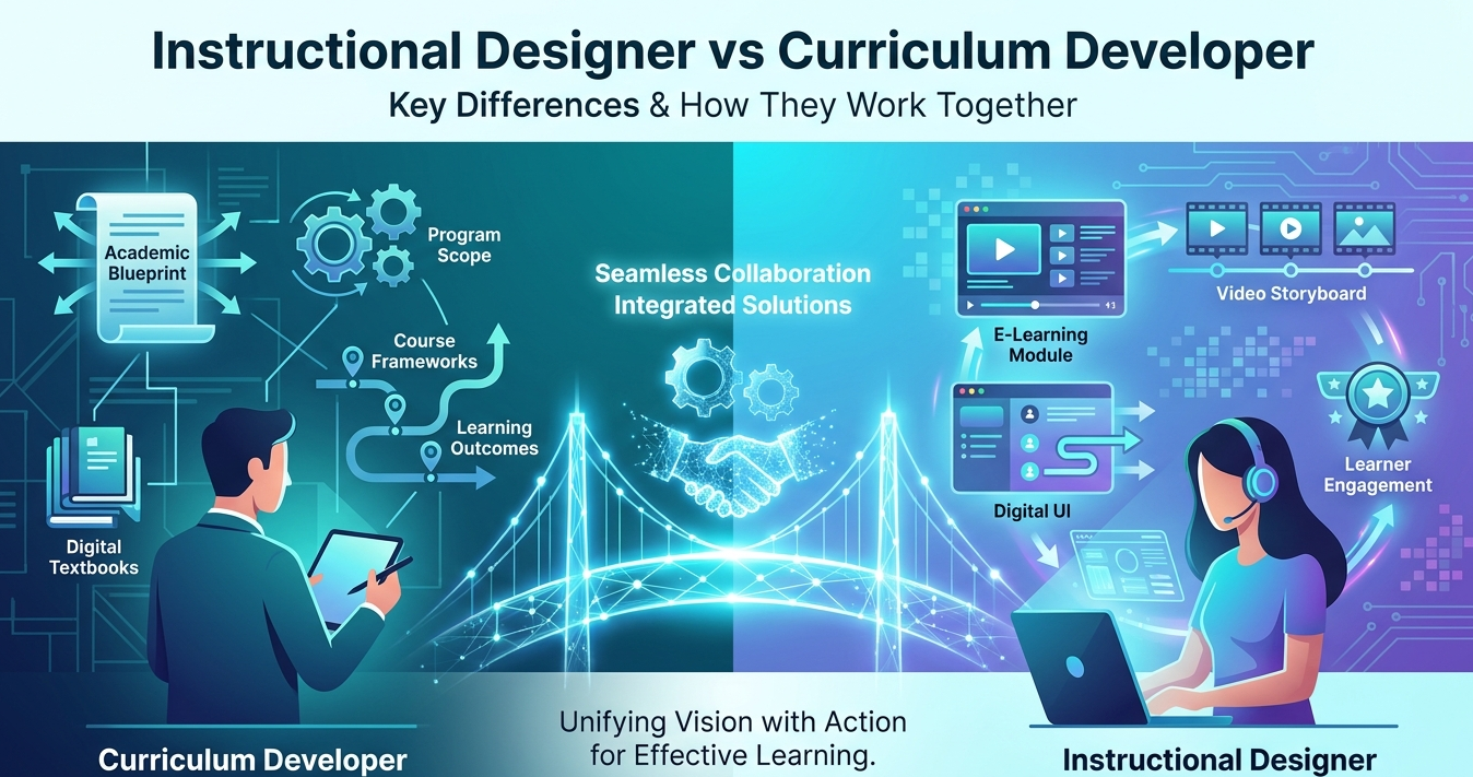 Visual comparison illustrating curriculum development blueprints alongside interactive instructional design components.