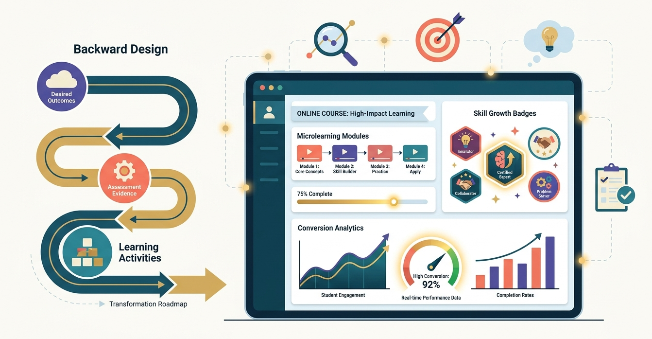 Illustration of online course instructional design showing microlearning modules, transformation roadmaps, and conversion metrics.