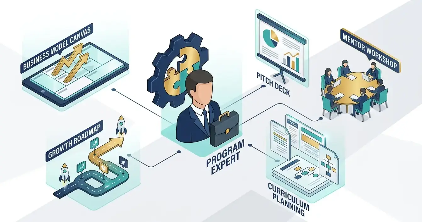 Illustration of entrepreneurship training program design showing business model roadmaps, pitch deck modules, and startup growth frameworks.
