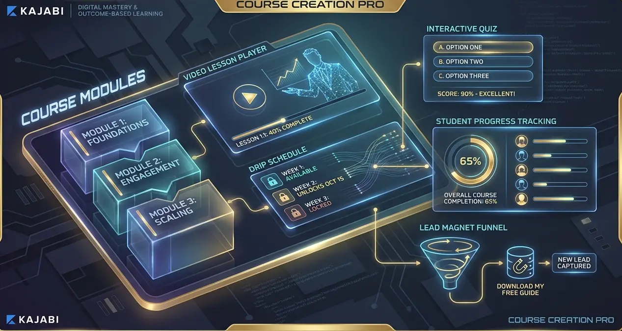 Modern digital course design layout on Kajabi showing modular lesson structures, video players, drip release schedules, and student progress analytics.