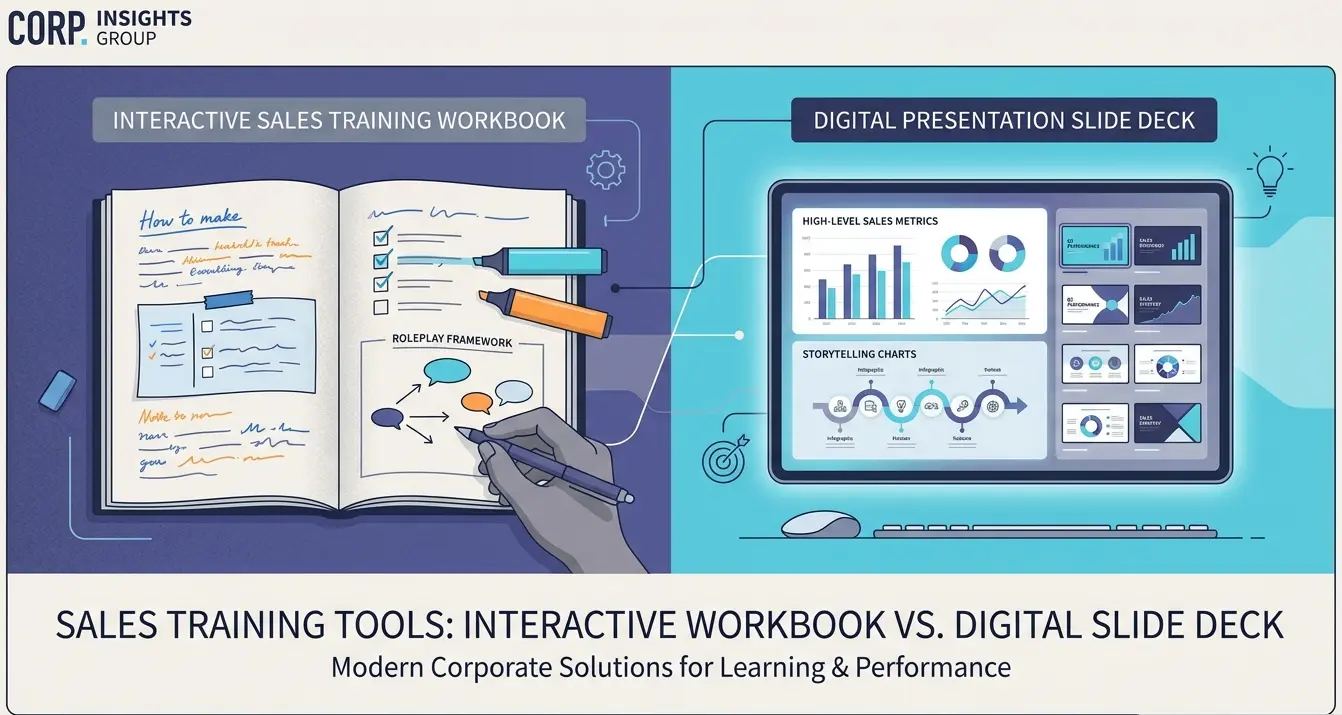 Side-by-side illustration comparing a hands-on sales training participant workbook with a digital presentation slide deck screen.