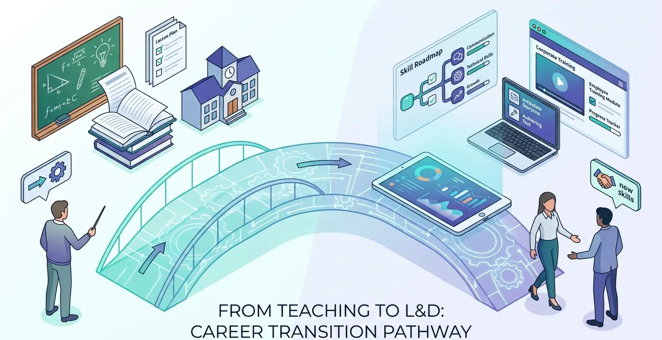 Illustration depicting a career transition bridge connecting traditional classroom teaching tools with modern corporate L&D software, digital analytics, and skill roadmaps.