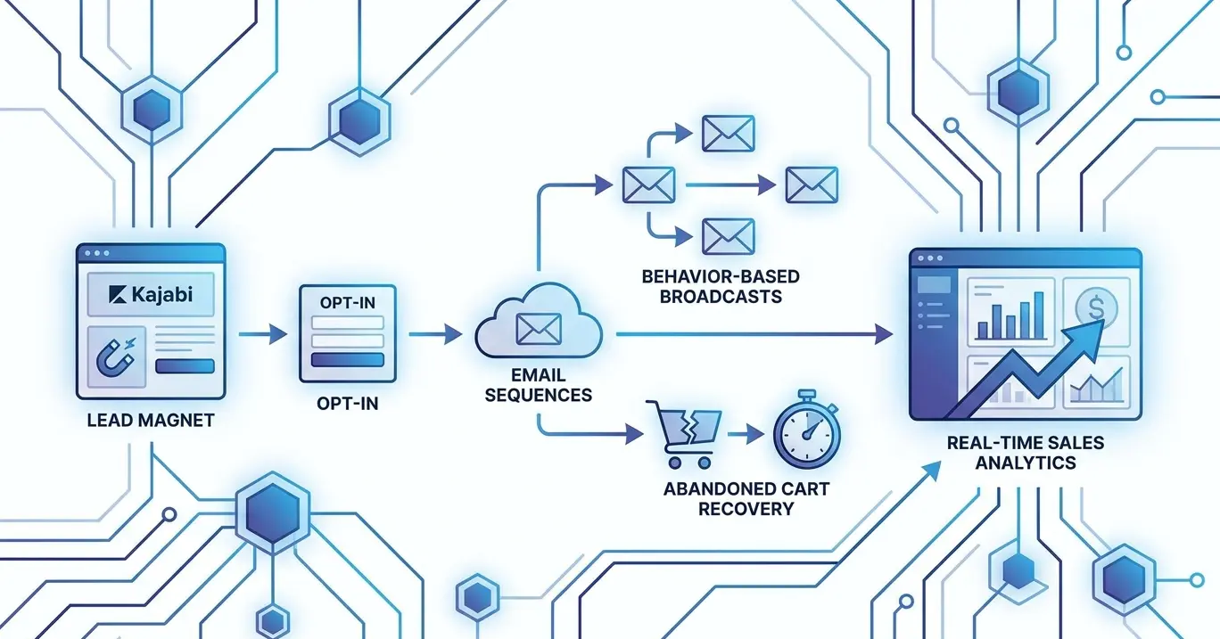 Kajabi Email Marketing Funnels For Better Course Sales illustration and implementation overview