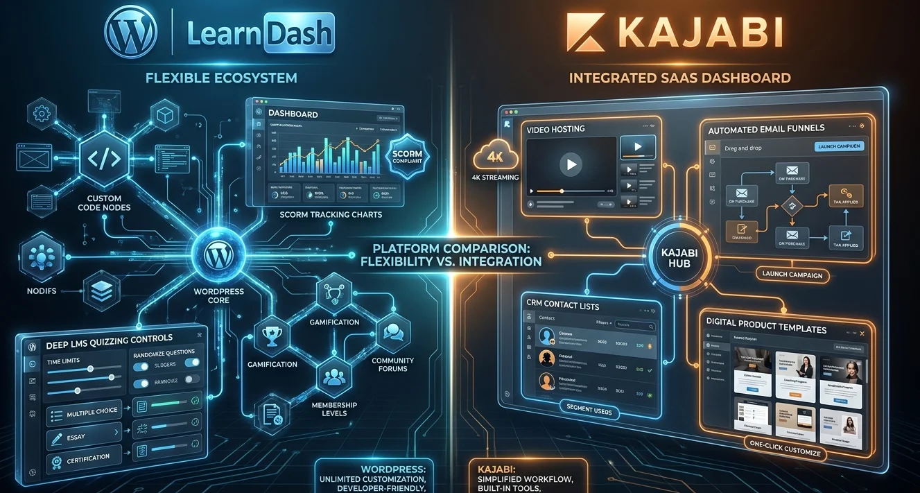LearnDash vs Kajabi: Which Platform Should You Choose? illustration and implementation overview