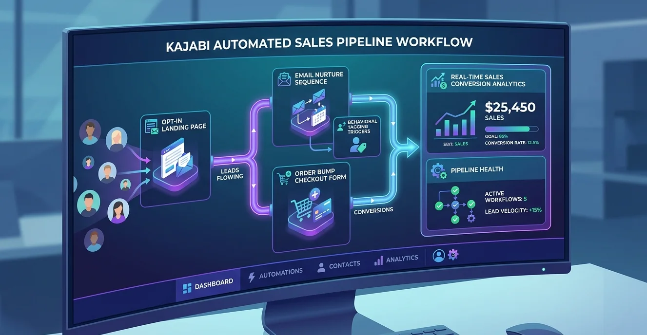 The Simple Way to Automate Your Sales With Kajabi Pipelines illustration and implementation overview