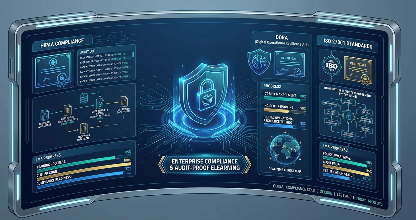 HIPAA, EU DORA, and ISO 27001 corporate cybersecurity training architecture in LMS