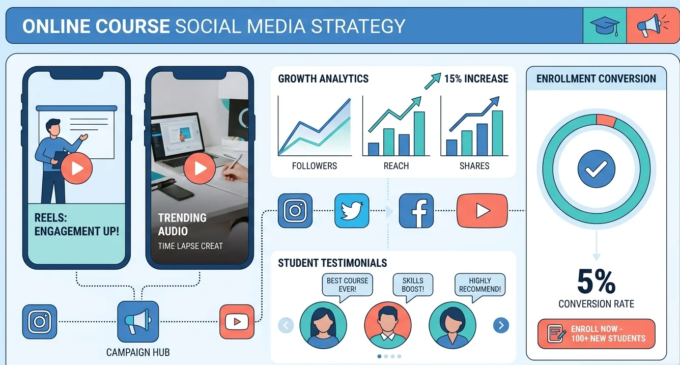 Digital creator analyzing multi-channel social media metrics and enrollment conversions on dashboard