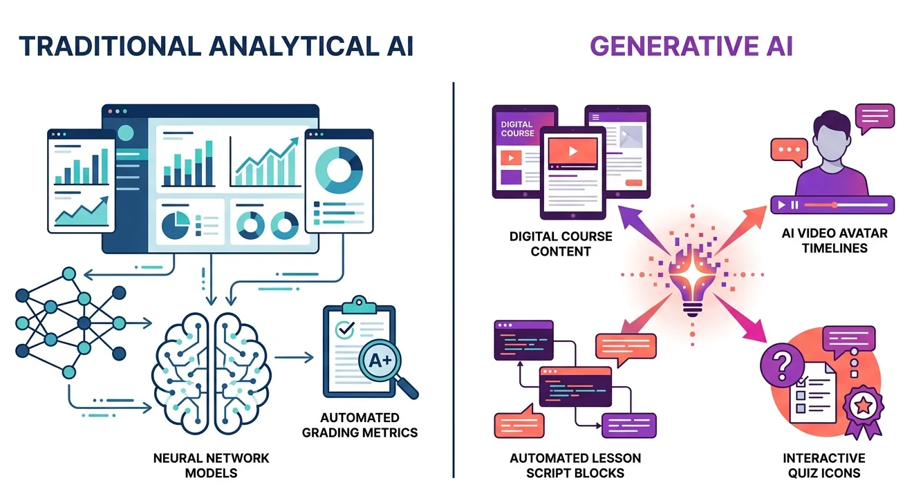 Conceptual visualization comparing predictive machine learning nodes with generative neural networks and agentic decision loops