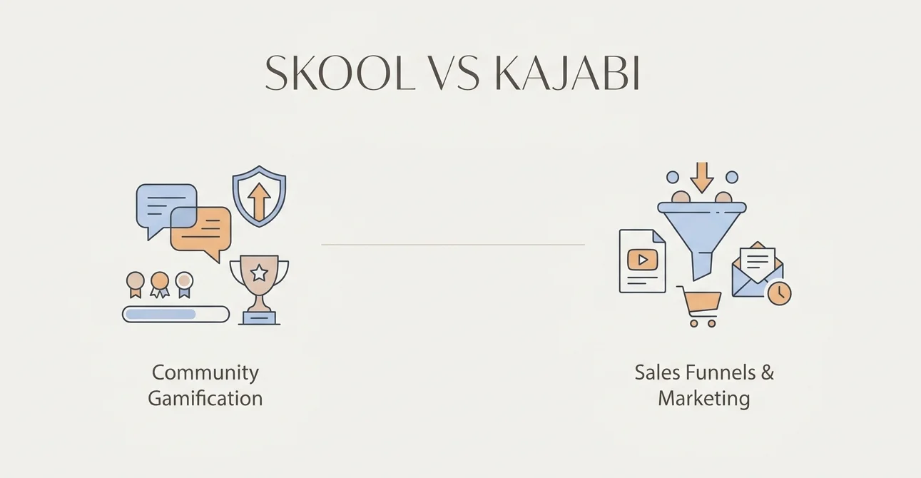 Side by side interface comparison of Skool community feed and Kajabi marketing pipeline builder