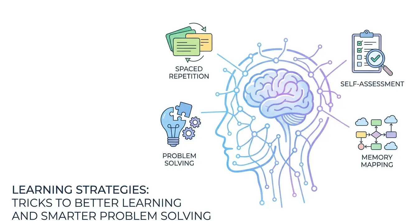 Cognitive learning science diagram illustrating memory retention curves and problem-solving frameworks