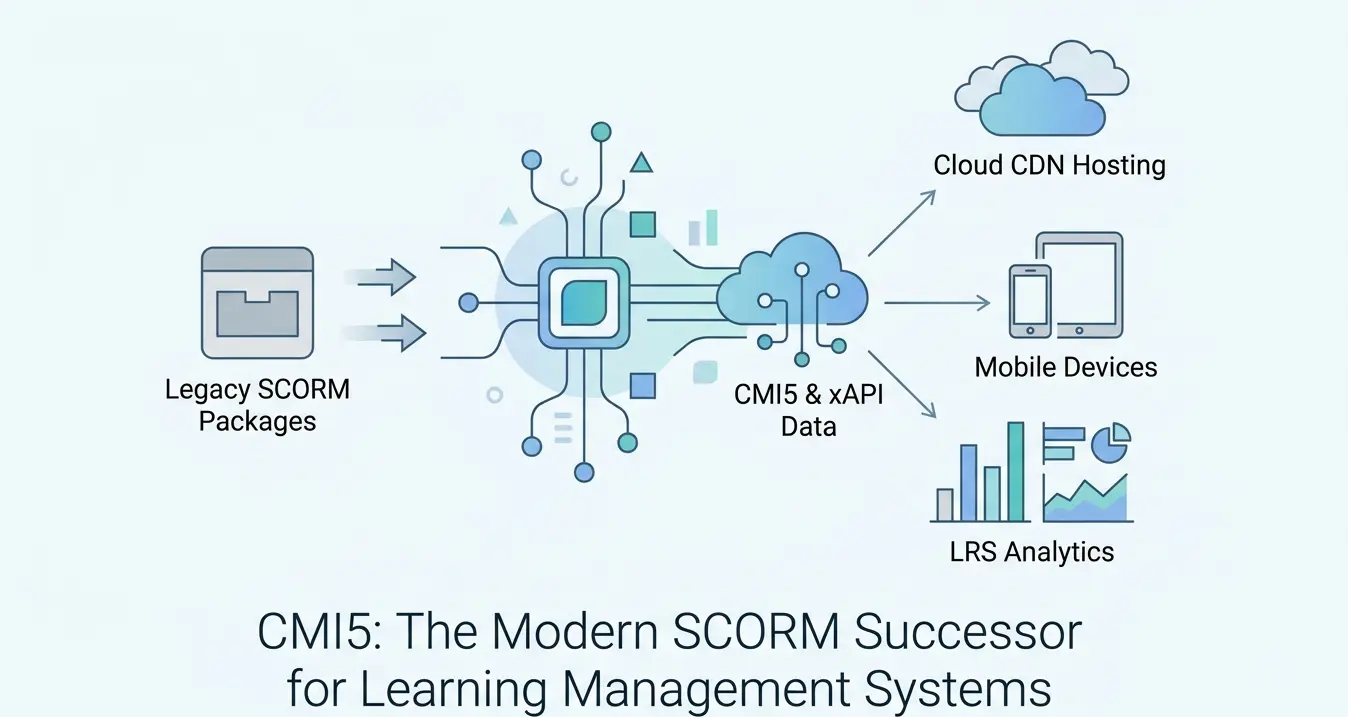 Architecture diagram showing cmi5 bridging an enterprise LMS with an xAPI Learning Record Store