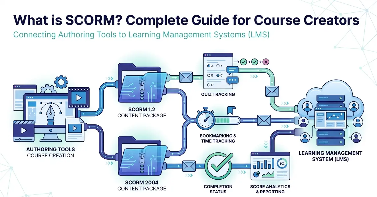 Diagram illustrating SCORM course packaging, runtime API handshake, and LMS communication