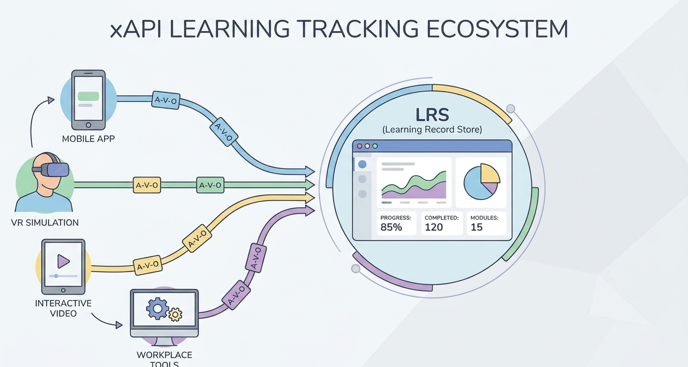 Conceptual architecture diagram showing xAPI statements flowing from multiple learning experiences into a Learning Record Store