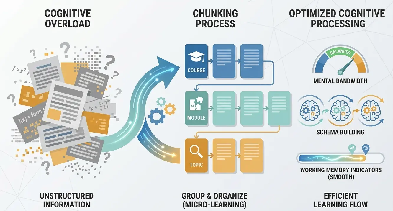 Diagram illustrating Cognitive Load Theory, working memory limitations, and content chunking in instructional design