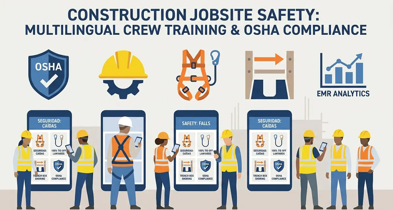 Commercial construction workers on a multistory building reviewing safety protocols on a mobile device