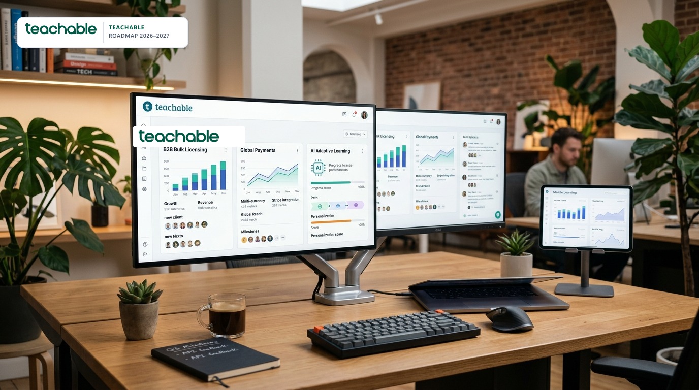 Teachable 2026 and 2027 platform roadmap showing B2B bulk licensing, global payments, and AI learning