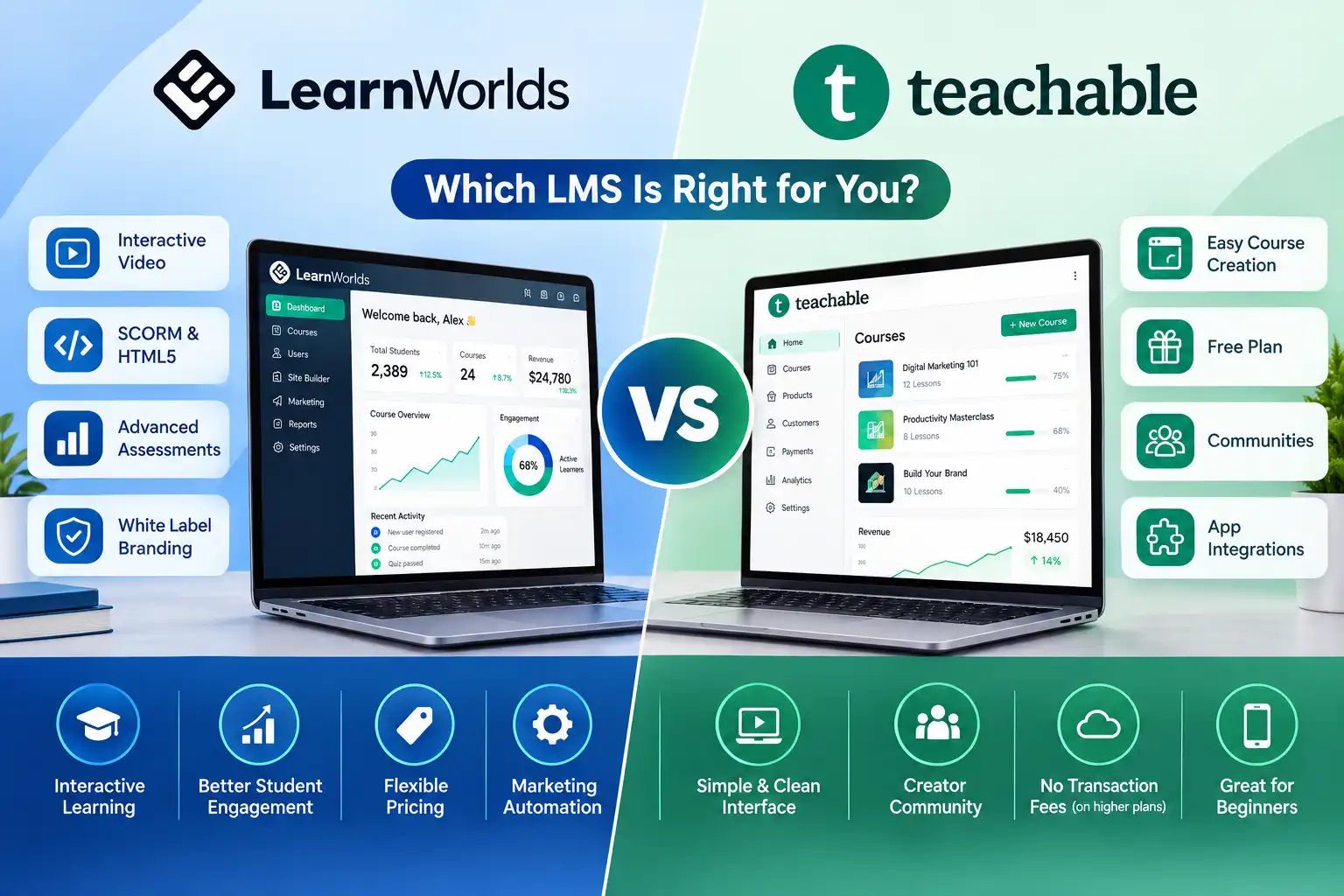 LearnWorlds vs Teachable comparison infographic showing both LMS platforms, their key features, course dashboards, branding, analytics, interactive learning, community tools, and creator-focused benefits.