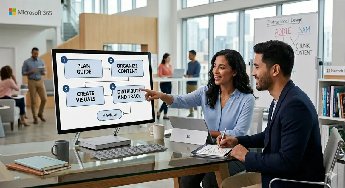 Microsoft 365 training guide workflow: Plan, Organize, Create Visuals, Distribute, and Review.