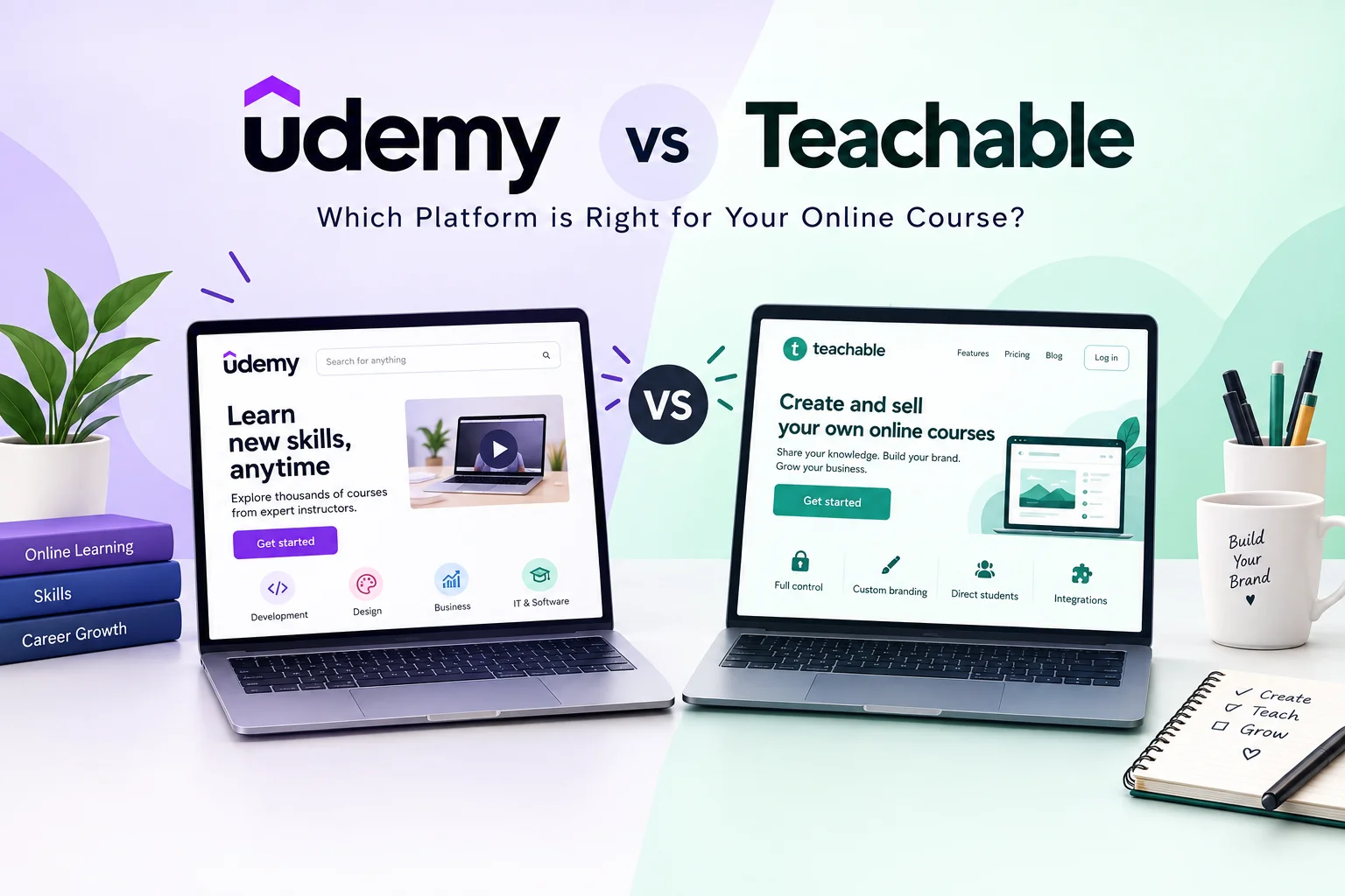 Udemy vs Teachable comparison showing two online course platforms, their features, branding options, and course creation tools for educators and course creators.