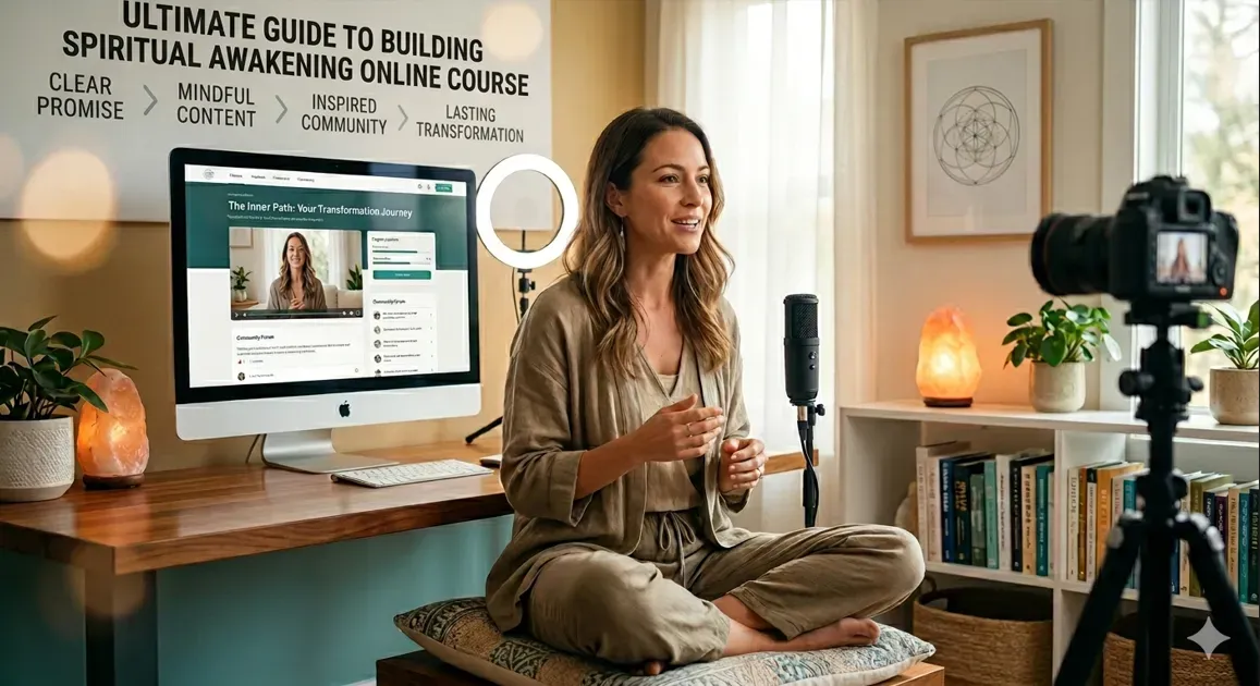 Spiritual awakening online course creator teaching a transformative course from a home studio