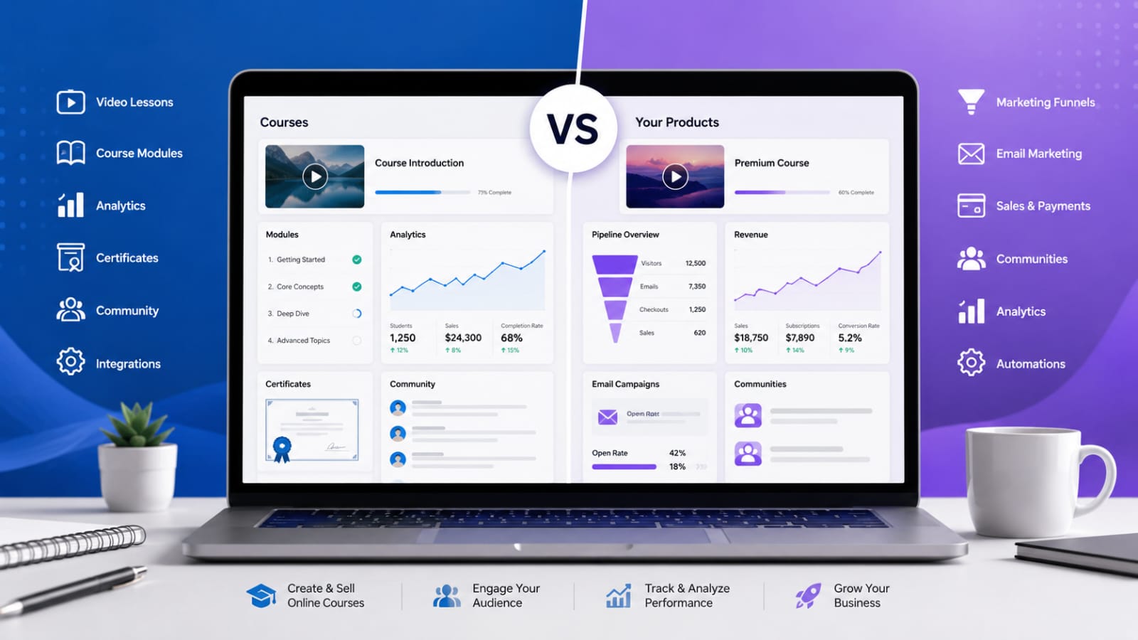 LearnWorlds vs Kajabi LMS comparison showing online course creation, learner experience, analytics, marketing, and community features