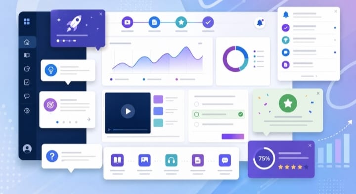 Pop up design and editing concept showing user guidance, learner engagement, digital learning interfaces, and UX design elements
