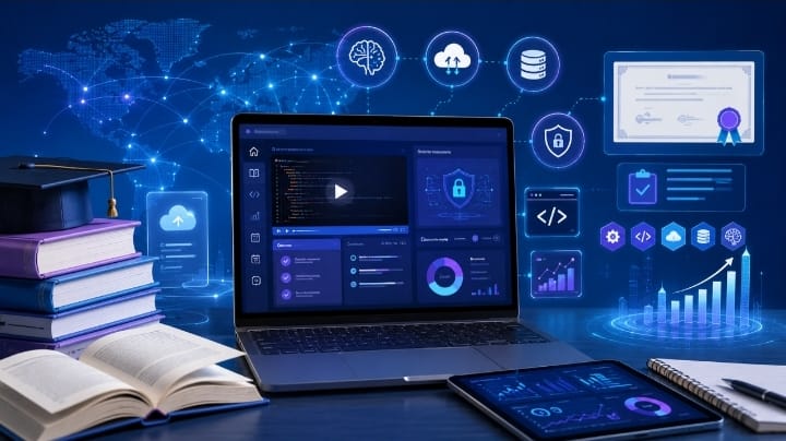 MOOCs and IT education concept showing online learning, digital courses, technology skills, and career development in 2026