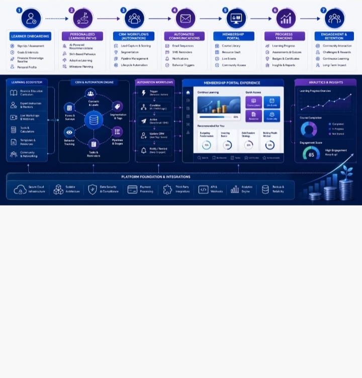 Strategic digital product architecture for wealth education showing learner journeys, automation workflows, CRM integration, and scalable learning systems