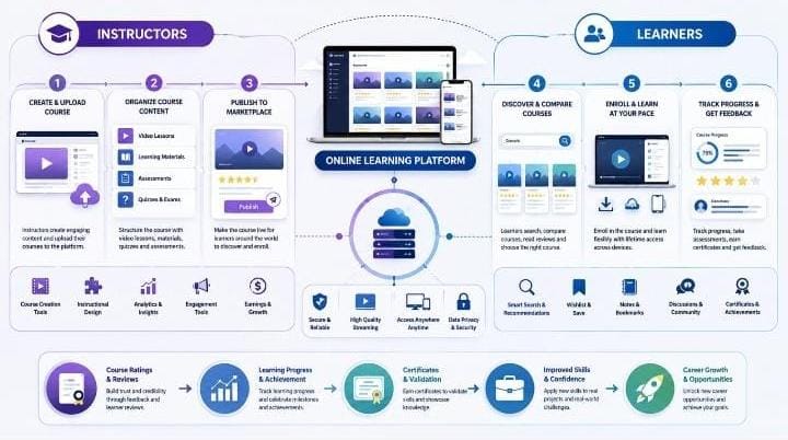 Online learning marketplace connecting instructors and learners through course creation, skill development, and flexible online education