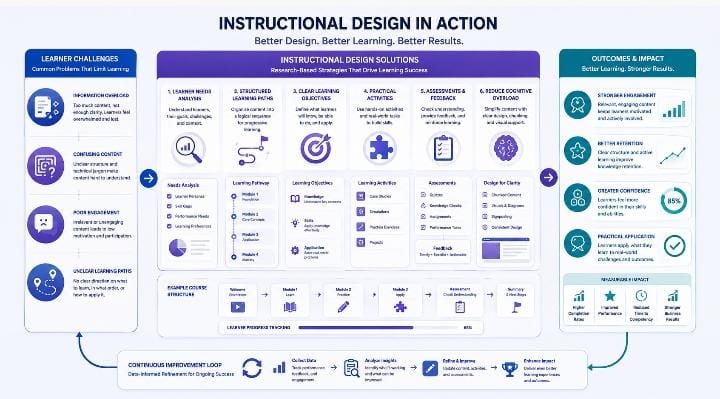 Instructional design process showing learner needs, structured learning paths, practical activities, engagement, and improved learning outcomes