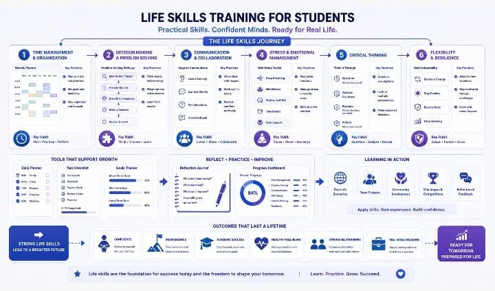 Life skills training infographic showing time management, decision making, communication, stress management, problem solving, and resilience for students
