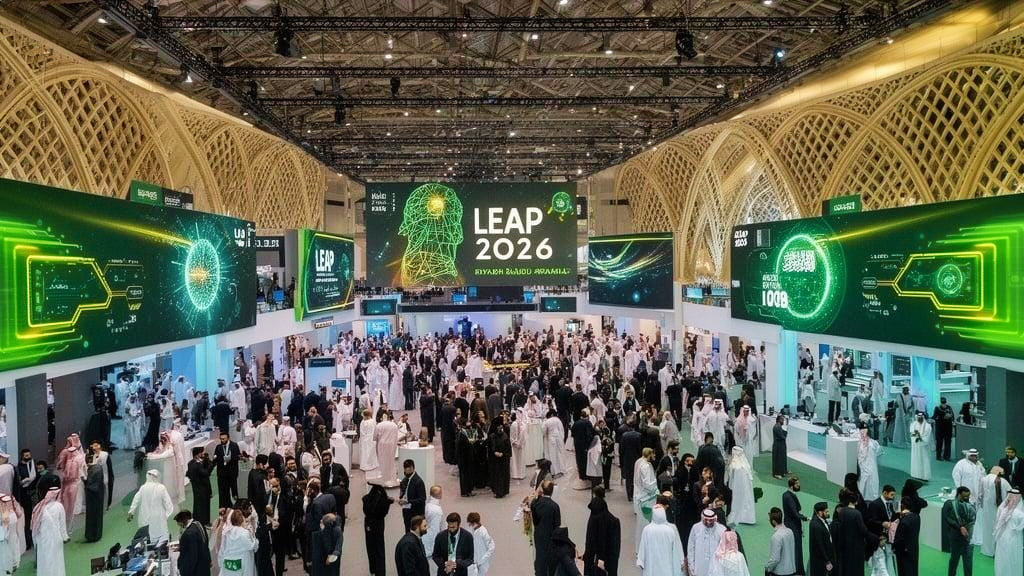 LEAP 2026 technology event exhibition floor in Riyadh with LEAP branding