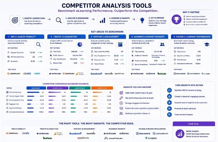 Competitor analysis tools for benchmarking eLearning businesses, including SEO, traffic, content, and learner engagement.