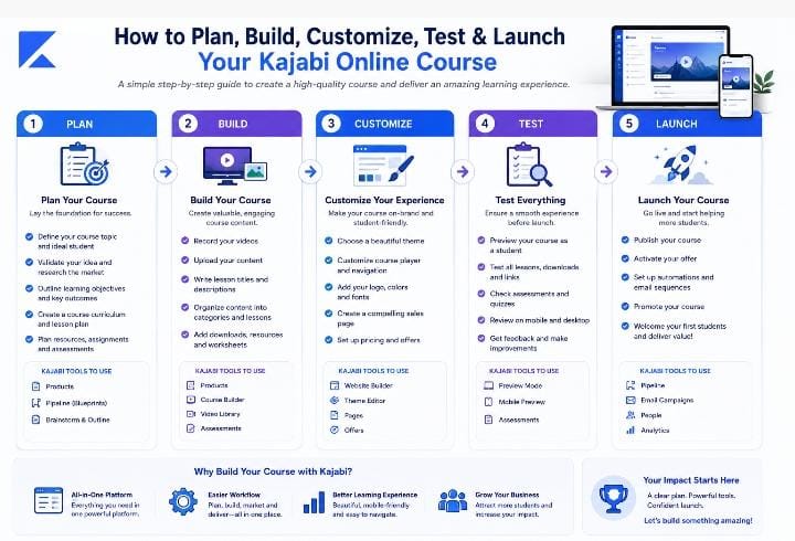 How to create a course on Kajabi with modules, lessons, content, customization, testing, and launch steps