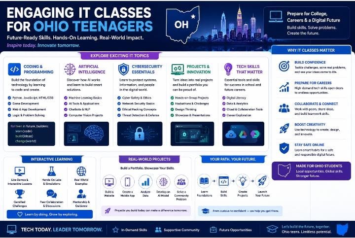 Engaging IT classes for Ohio teenagers with coding, AI, cybersecurity, and project-based learning