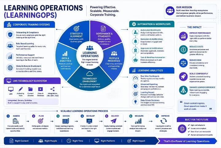 Learning Operations framework for scaling corporate training through technology, automation, analytics, and governance