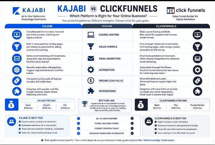 Kajabi vs ClickFunnels comparison showing course creation, sales funnels, email marketing, automation, pricing, and integrations.