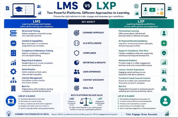 LMS vs LXP comparison showing structured training, personalized learning, AI, reporting, and employee engagement.