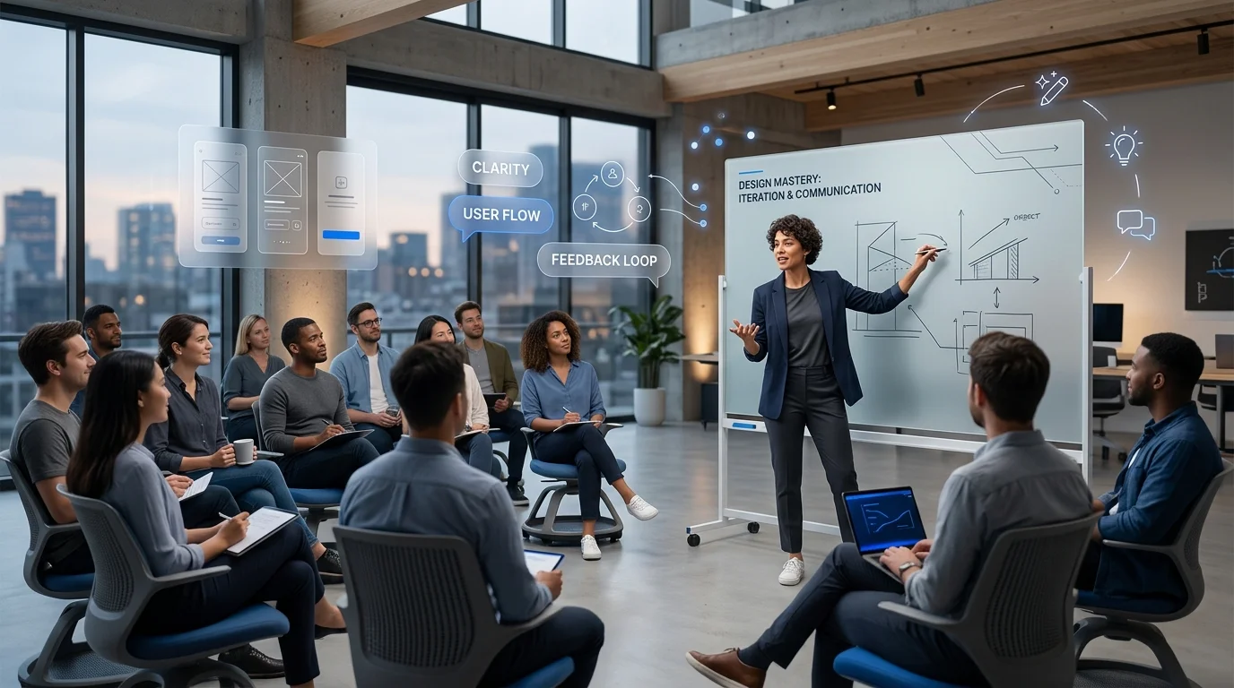 An instructor and modern educator presenting an interactive workshop to an engaged audience with real-time feedback loops